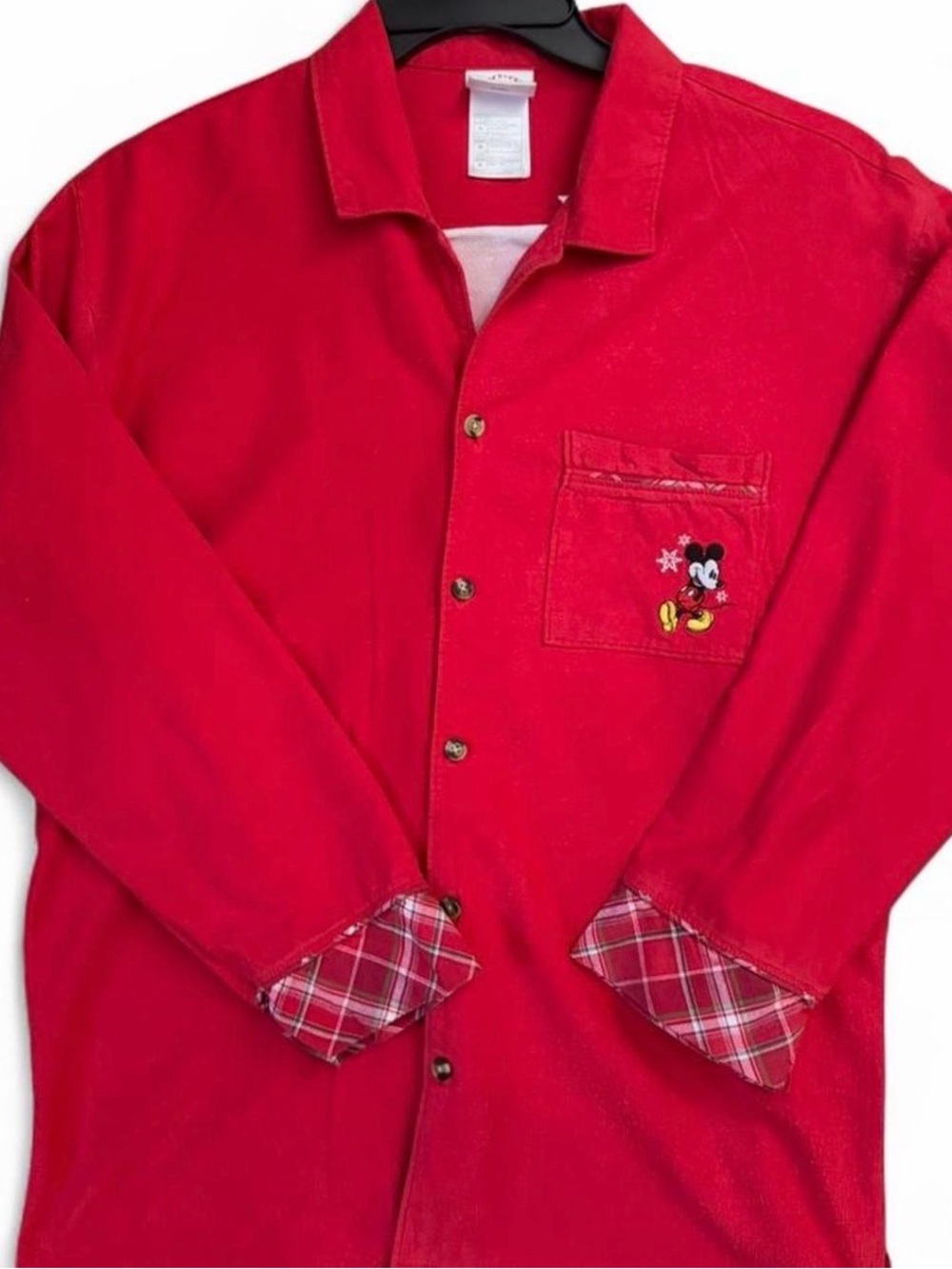 Vitange Red Mickey Mouse button up pajama shirt with plaid cuffs size M